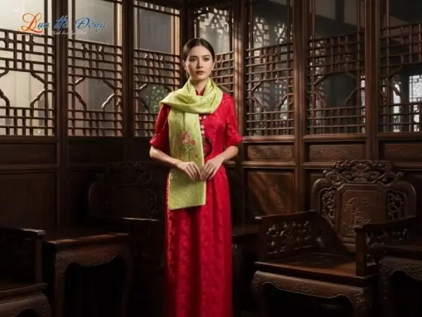 Khăn lụa thêu tay đuôi công xanh cốm