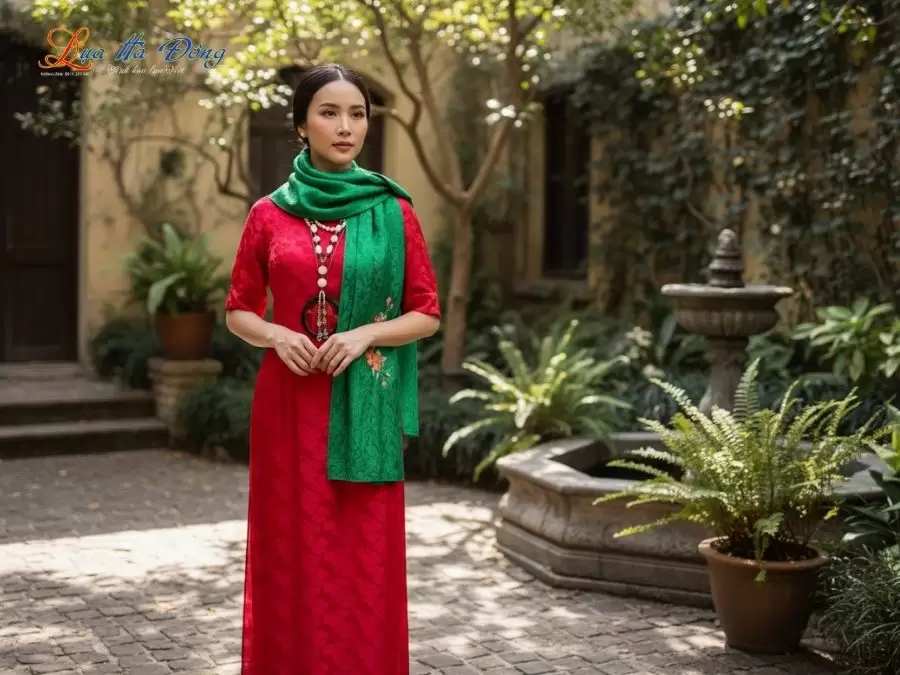 Khăn lụa thêu tay đuôi công xanh lá