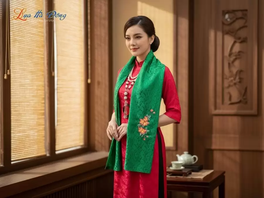 Khăn lụa thêu tay đuôi công xanh lá