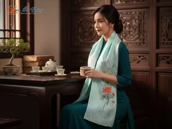 Khăn lụa thêu tay đuôi công xanh mint