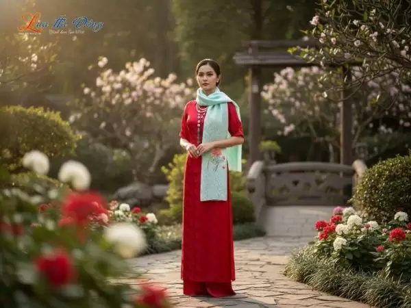 Khăn lụa thêu tay đuôi công xanh mint