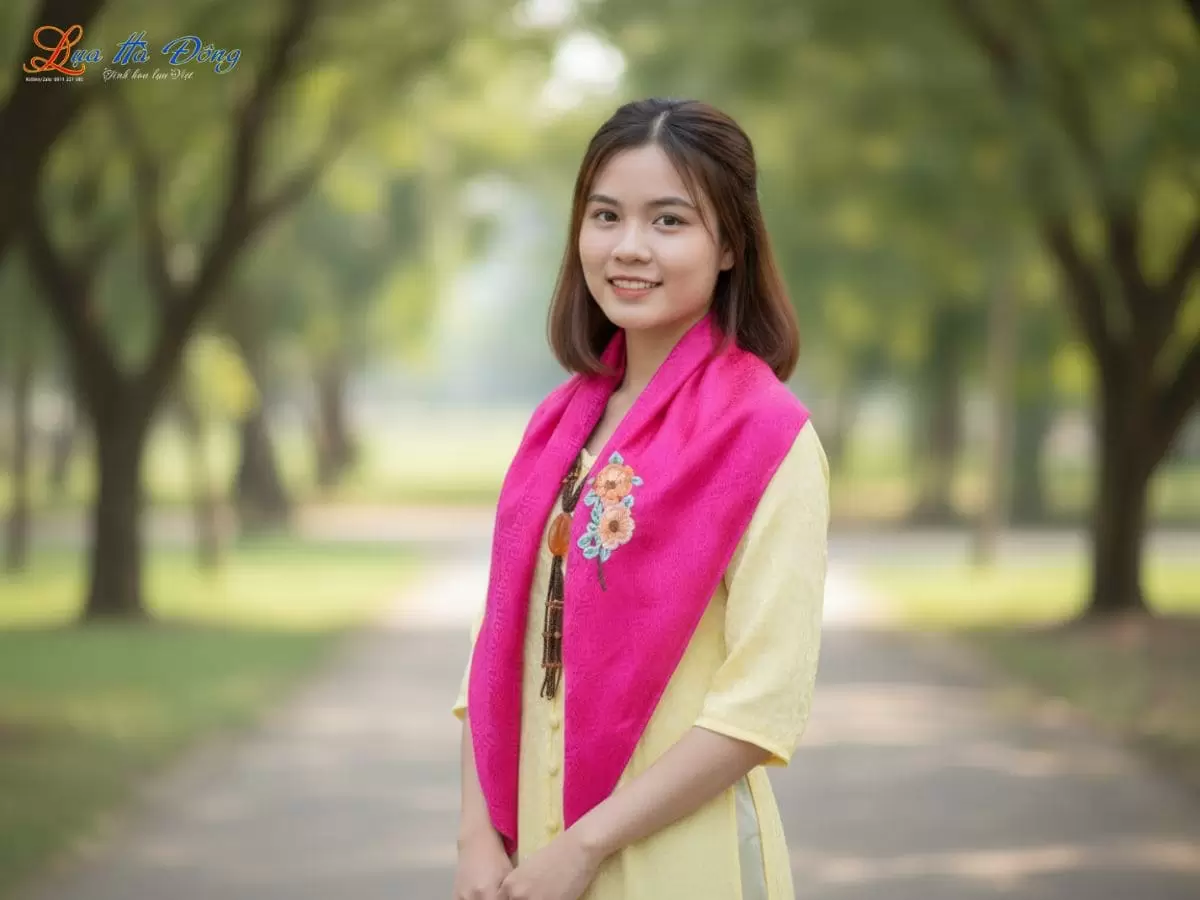 Khăn lụa thêu tay họa tiết song thọ màu hồng