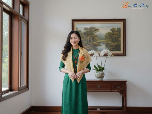 Khăn lụa vuông thêu tay đuôi công vàng đồng