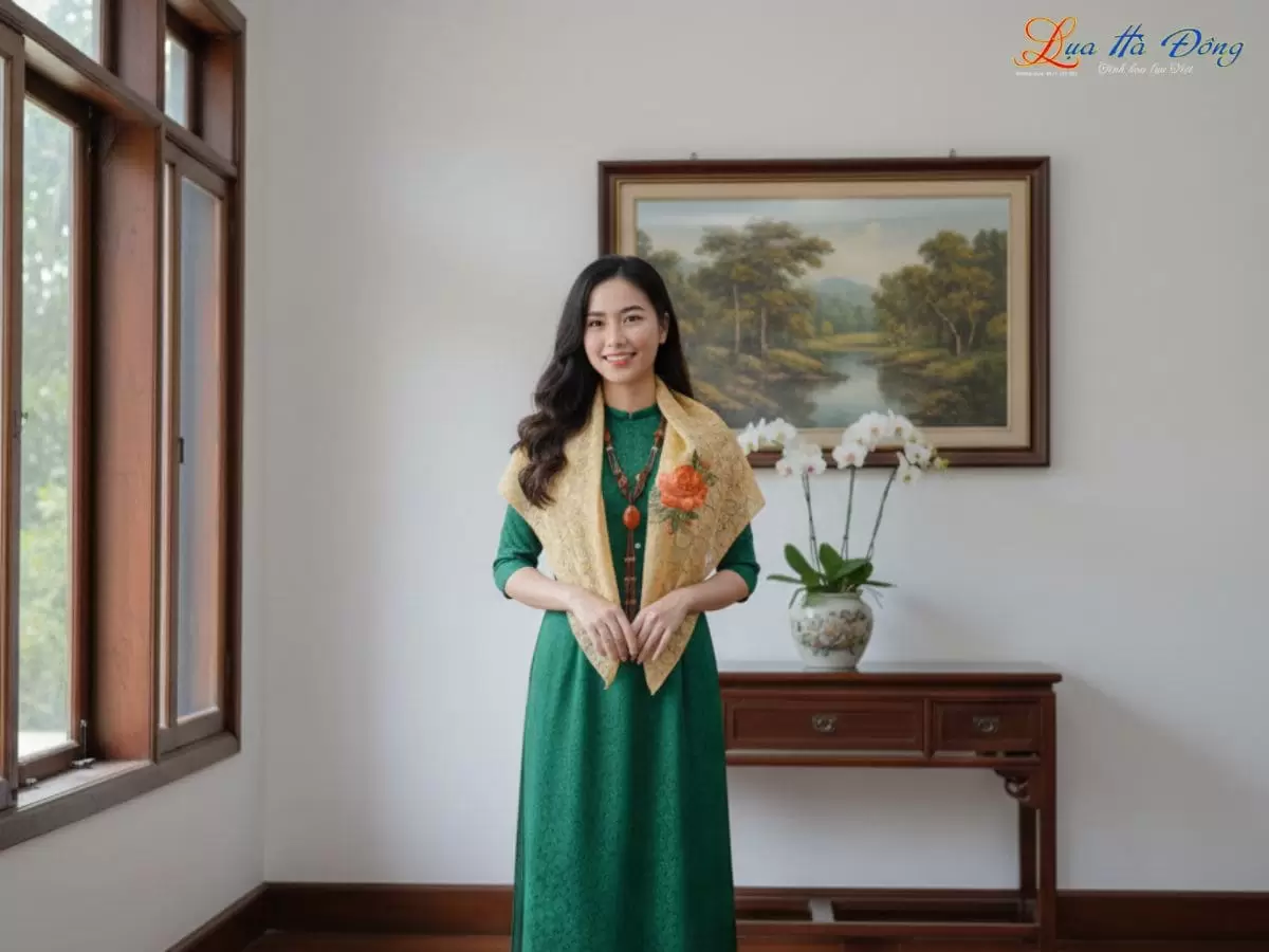 Khăn lụa vuông thêu tay đuôi công vàng đồng