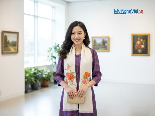 Khăn lụa đũi họa tiết hoa vẽ tay 100% silk cao cấp