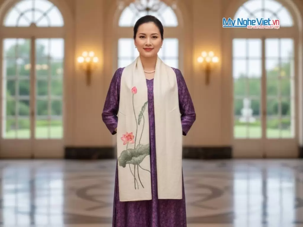 Khăn lụa đũi họa tiết hoa sen thêu tay màu trắng 100% silk cao cấp