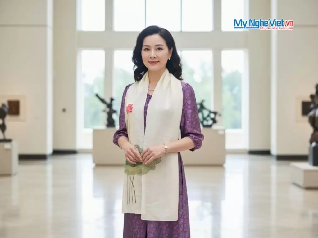 Khăn lụa đũi họa tiết hoa sen thêu tay màu trắng 100% silk cao cấp