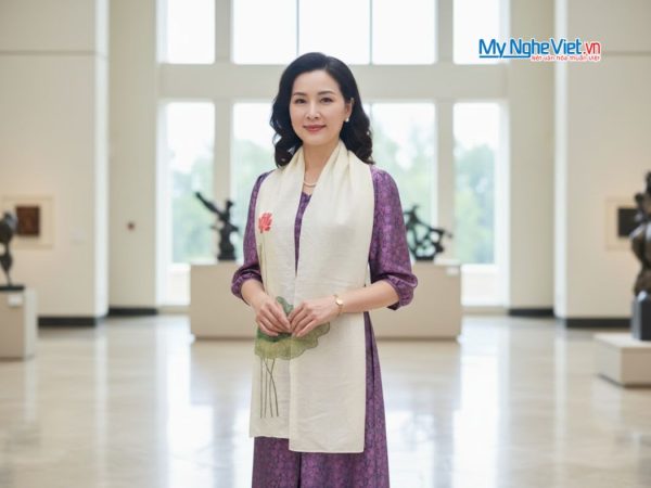 Khăn lụa đũi họa tiết hoa sen thêu tay màu trắng 100% silk cao cấp