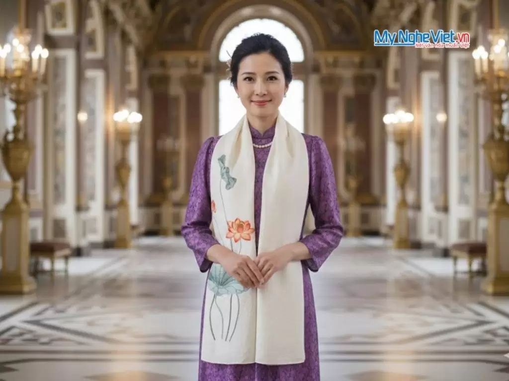 Khăn lụa đũi họa tiết hoa sen thêu tay màu trắng 100% silk cao cấp