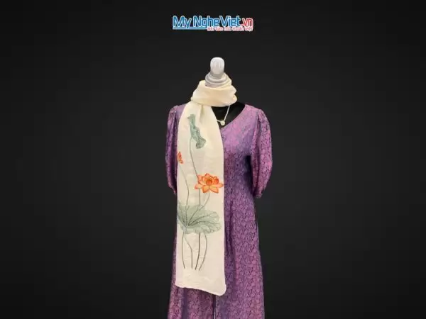 Khăn lụa đũi họa tiết hoa sen thêu tay màu trắng 100% silk cao cấp