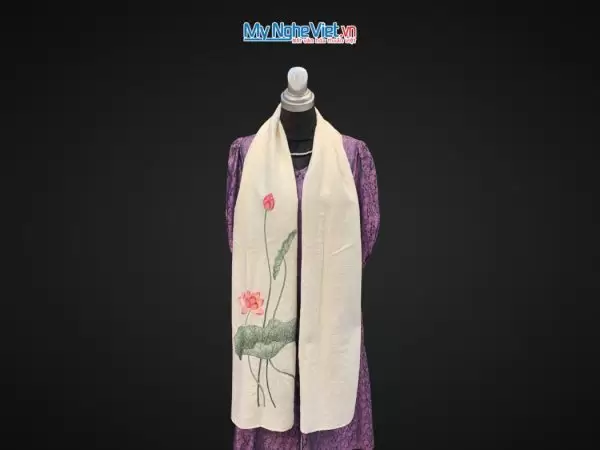 Khăn lụa đũi họa tiết hoa sen thêu tay màu trắng 100% silk cao cấp