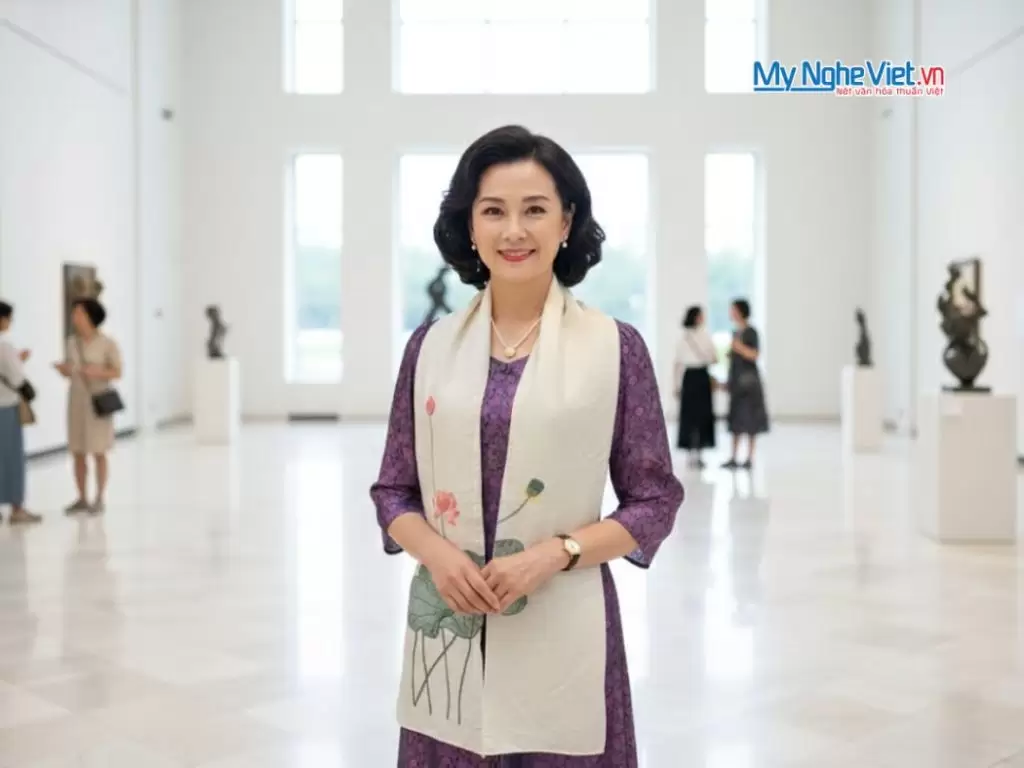 Khăn lụa đũi họa tiết hoa sen thêu tay màu trắng 100% silk cao cấp