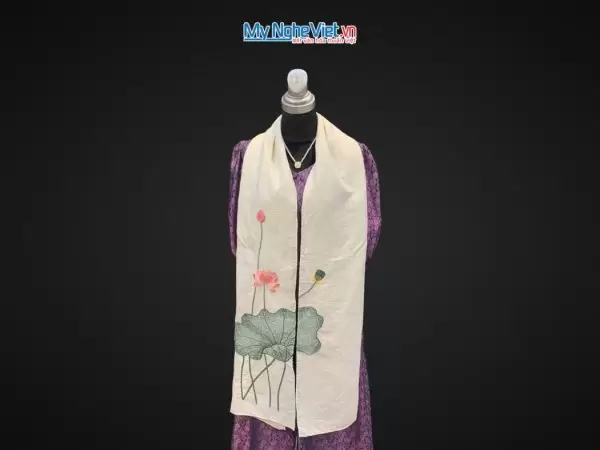 Khăn lụa đũi họa tiết hoa sen thêu tay màu trắng 100% silk cao cấp