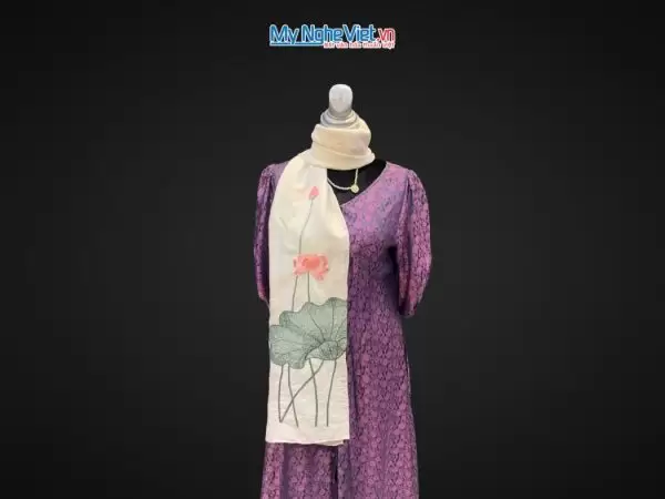 Khăn lụa đũi họa tiết hoa sen thêu tay màu trắng 100% silk cao cấp