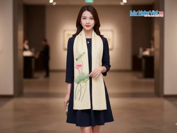 Khăn lụa đũi họa tiết hoa sen thêu tay màu kem 100% silk cao cấp