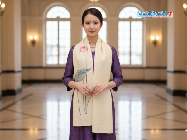Khăn lụa đũi họa tiết hoa sen thêu tay màu kem 100% silk cao cấp