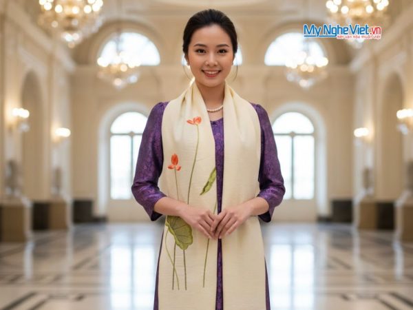 Khăn lụa đũi họa tiết hoa sen thêu tay màu kem 100% silk cao cấp