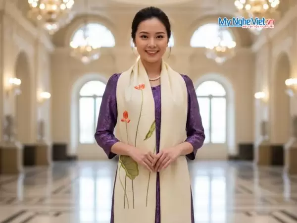 Khăn lụa đũi họa tiết hoa sen thêu tay màu kem 100% silk cao cấp