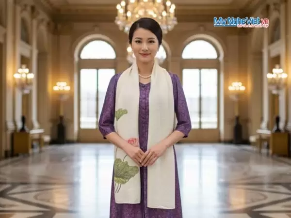 Khăn lụa đũi họa tiết hoa sen thêu tay màu trắng 100% silk cao cấp