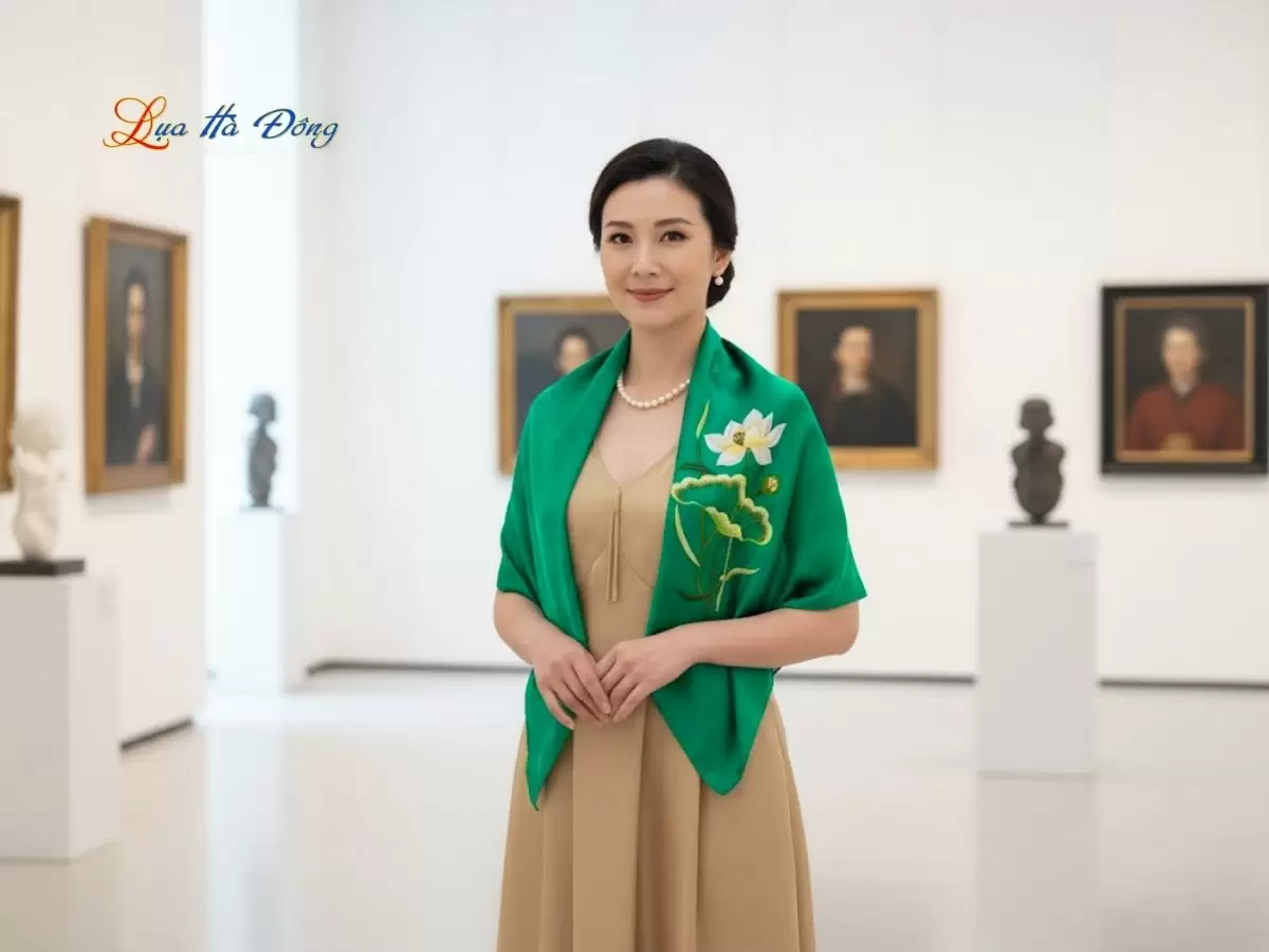 Khăn lụa thêu sen trơn (9) Khăn lụa vuông thêu sen trơn màu xanh lá