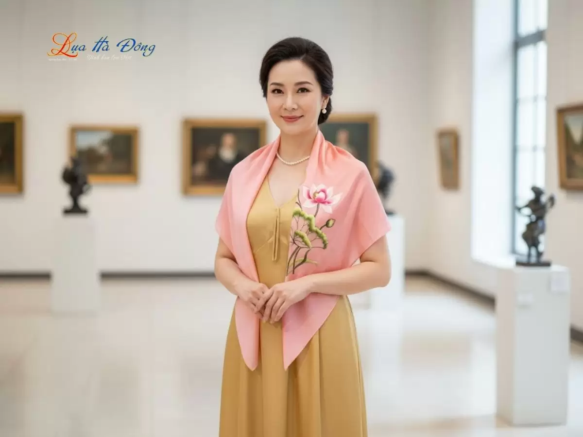 Khăn lụa vuông thêu sen trơn màu hồng phấn