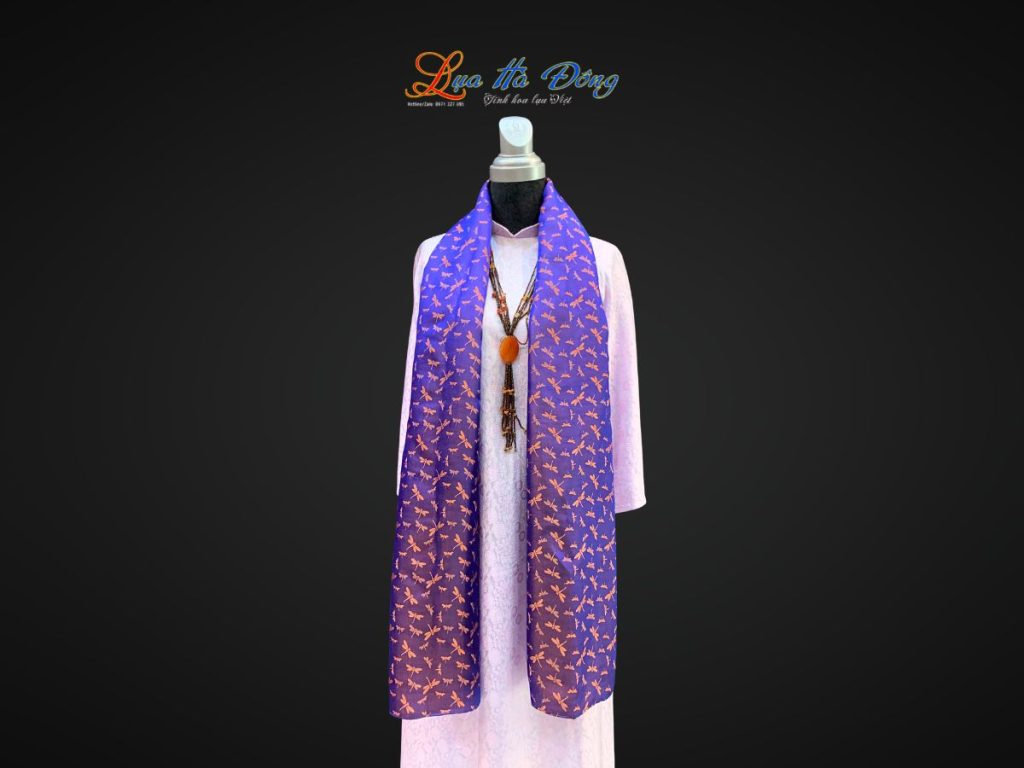 Khăn lụa tơ tằm dài họa tiết chuồn chuồn tím cam