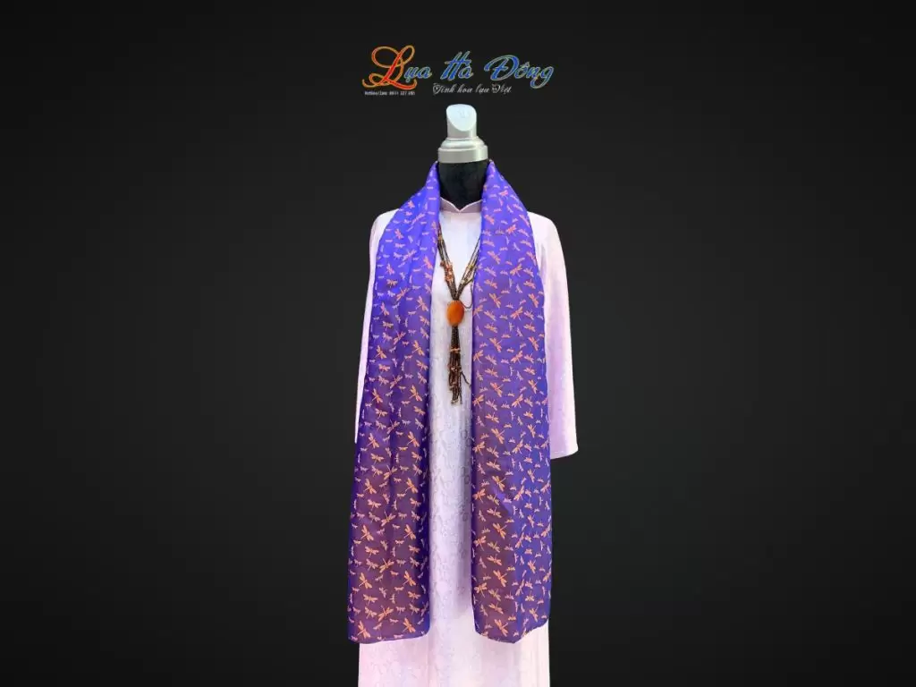 Khăn lụa tơ tằm dài họa tiết chuồn chuồn tím cam