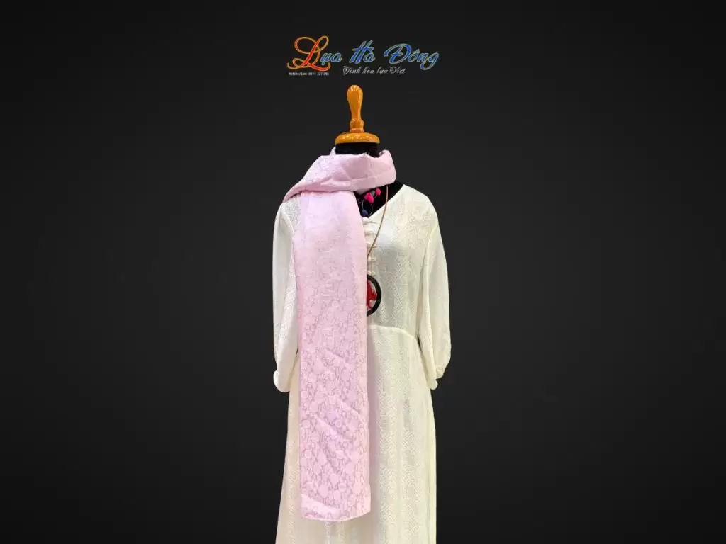 Khăn lụa tơ tằm dài họa tiết hồng thọ nhí tím hoa cà