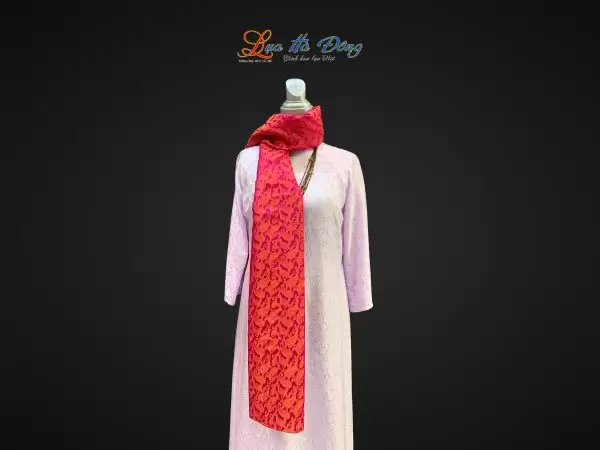 Khăn lụa tơ tằm dài họa tiết đuôi công hồng cam