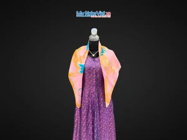 Khăn Lụa Vuông Thủy Ấn Tơ Tằm Màu Hồng Xanh