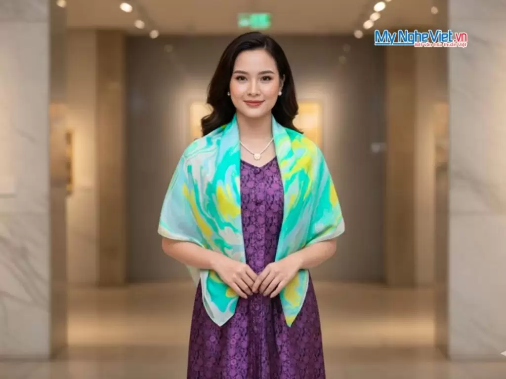 Khăn Lụa Vuông Thủy Ấn Tơ Tằm Màu Xanh Lá