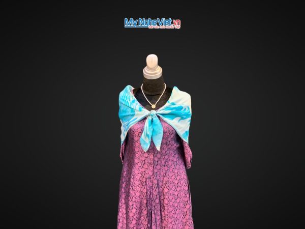 Khăn Lụa Vuông Thủy Ấn Tơ Tằm Màu Xanh