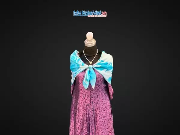 Khăn Lụa Vuông Thủy Ấn Tơ Tằm Màu Xanh