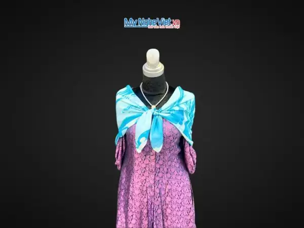 Khăn Lụa Vuông Thủy Ấn Tơ Tằm Màu Xanh