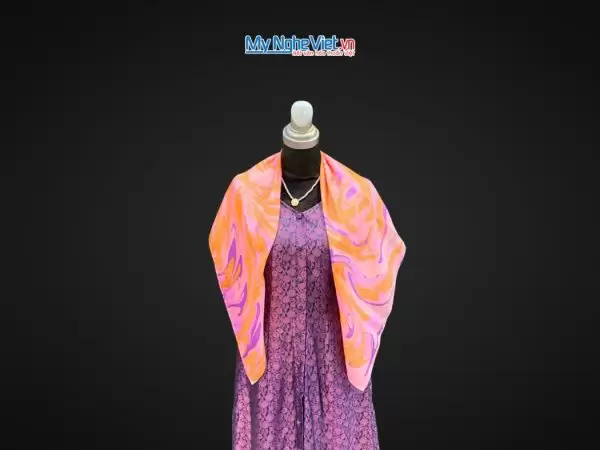 Khăn Lụa Vuông Thủy Ấn Tơ Tằm Màu Hồng Cam
