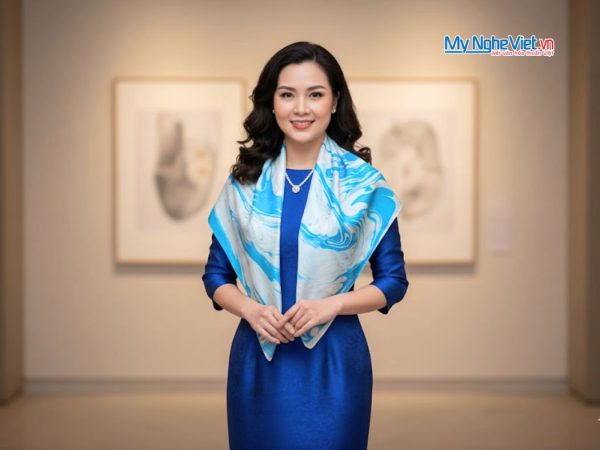 Khăn Lụa Vuông Thủy Ấn Tơ Tằm Màu Xanh