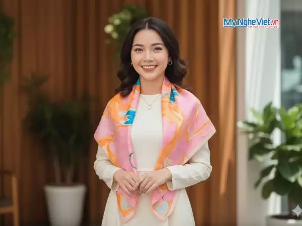 Khăn Lụa Vuông Thủy Ấn Tơ Tằm Màu Hồng Xanh