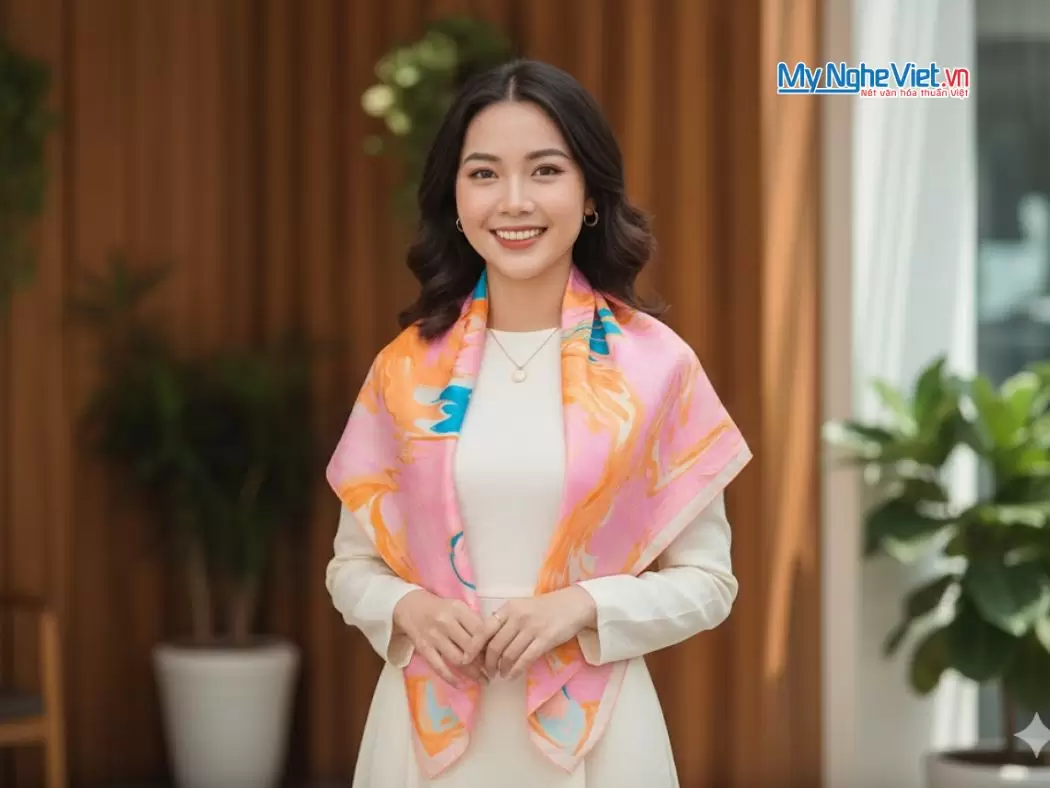 Khăn lụa tơ tằm thủy ấn (9) Khăn Lụa Vuông Thủy Ấn Tơ Tằm Màu Hồng Xanh