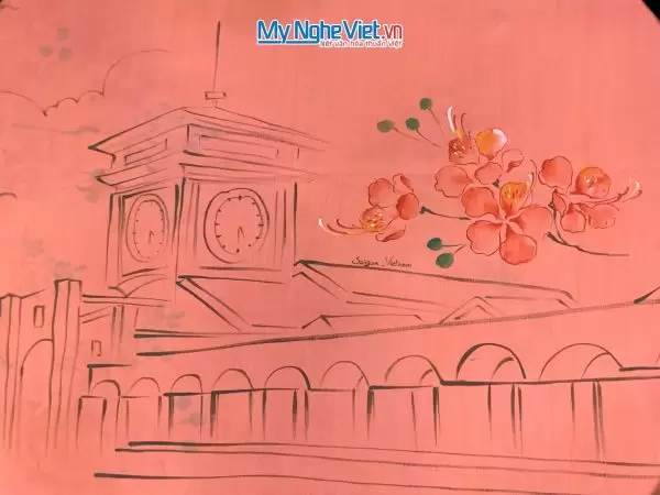 Khăn lụa tơ tằm vẽ tay chợ Bến Thành màu cam