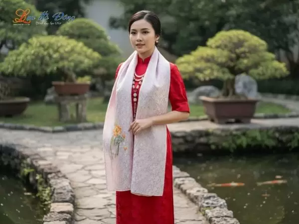 Khăn lụa tơ tằm dài họa tiết hồng nhí tím hoa cà