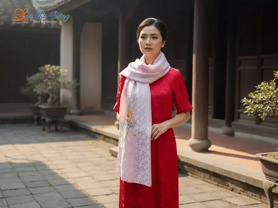 Khăn lụa tơ tằm dài họa tiết hồng nhí tím hoa cà