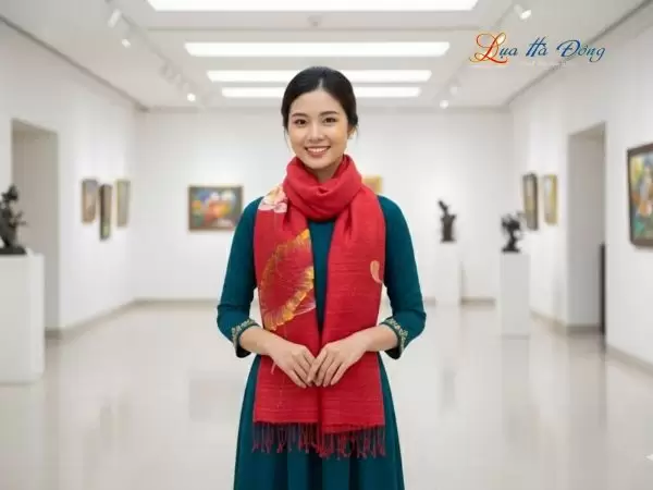 Khăn lụa Đũi đỏ mận vẽ sen 100% silk 80x180 tua rua KLTA80180/8