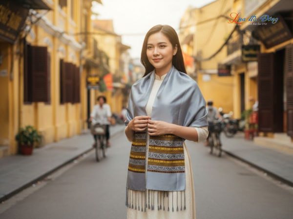 Khăn lụa tơ tằm họa tiết thổ cẩm nền xám