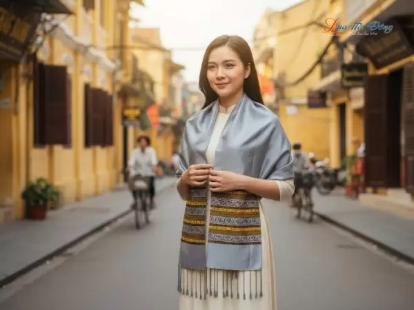 Khăn lụa tơ tằm họa tiết thổ cẩm nền xám