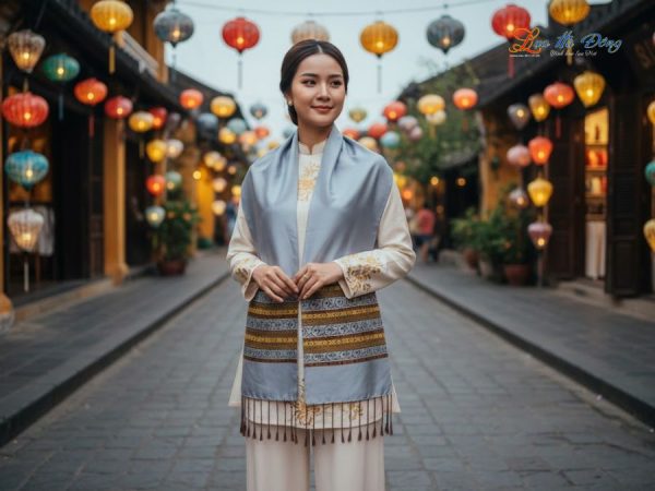 Khăn lụa tơ tằm họa tiết thổ cẩm nền xám