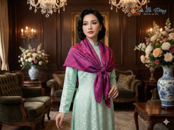 Khăn Lụa Vuông Tơ Tằm Thêu Hoa Sen Họa Tiết Hồng Thọ Màu Tím