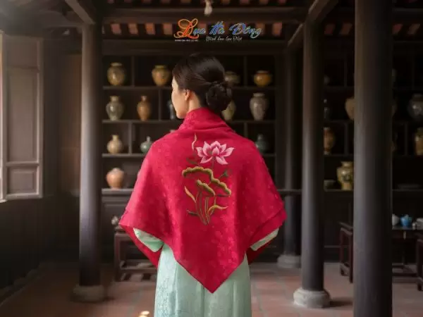 Khăn Lụa Vuông Tơ Tằm Thêu Hoa Sen Họa Tiết Sen Dây Màu Tím Hồng