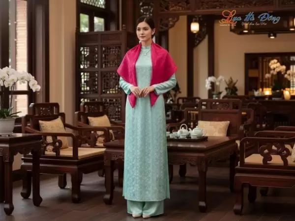 Khăn Lụa Vuông Tơ Tằm Thêu Hoa Sen Họa Tiết Trống Đồng Màu Hồng