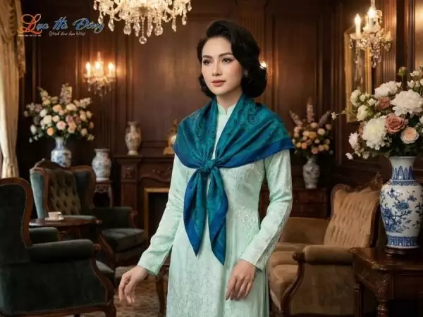 Khăn Lụa Vuông Tơ Tằm Thêu Hoa Sen Họa Tiết Trống Đồng Xanh Dương