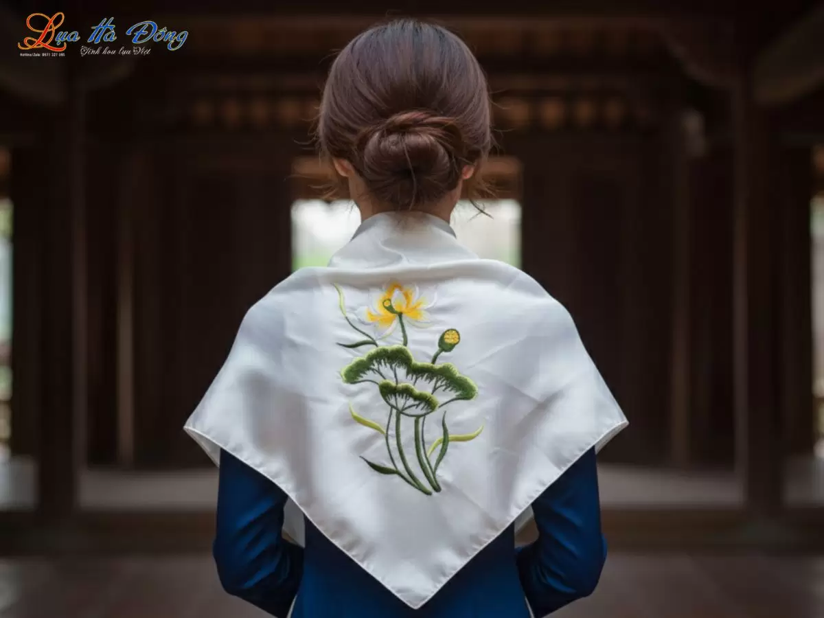 Khăn Lụa Vuông Tơ Tằm Thêu Sen Trơn Màu Trắng